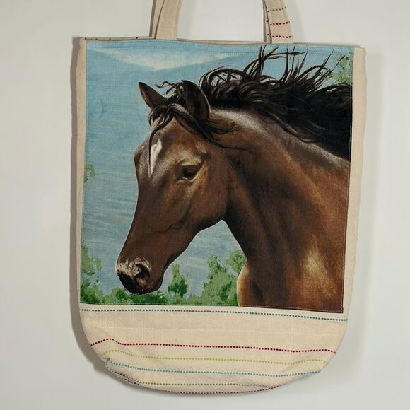 Handmade Tote Bag: Repurposed, Quilted Tote Horse Head Cottage Library Tote - Picture 3 of 5
